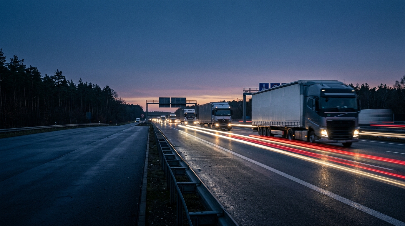 Moderne LKW-Flotte auf einer Autobahn in der Abenddämmerung