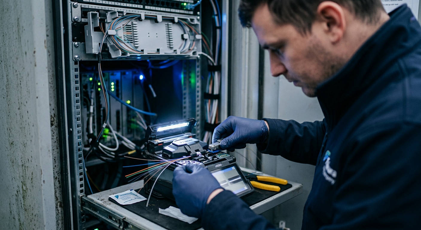 Techniker beim Spleißen von Glasfaserkabeln